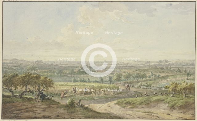 Wide landscape with the corn harvest, 18th century; 17th century. Creator: Jacobus Buys.