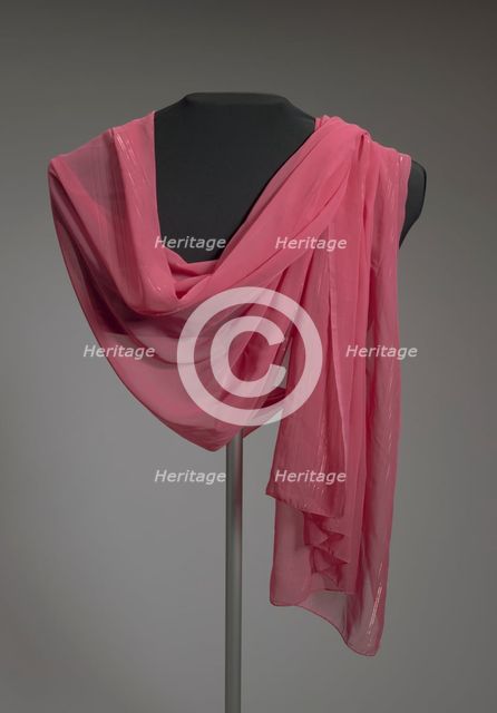 Wide pink scarf with metallic border from Mae's Millinery Shop, 1941-1994. Creator: Unknown.