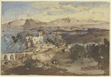 Wide plateau with a lake, castle and aqueduct in the foreground, 19th century. Creator: Fritz Bamberger