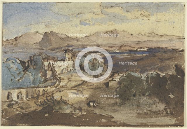 Wide plateau with a lake, castle and aqueduct in the foreground, 19th century. Creator: Fritz Bamberger.