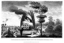 Widow of a Brahmin committing suttee on her husband's funeral pyre, India, 1815