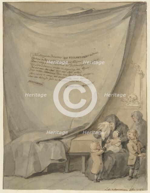 Widow with four children and a coffin, 1782. Creator: Aert Schouman.