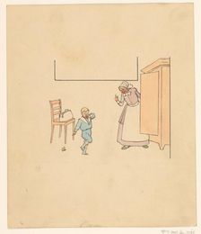 Wife and crying boy by a cupboard, c.1880-c.1910. Creator: Anon