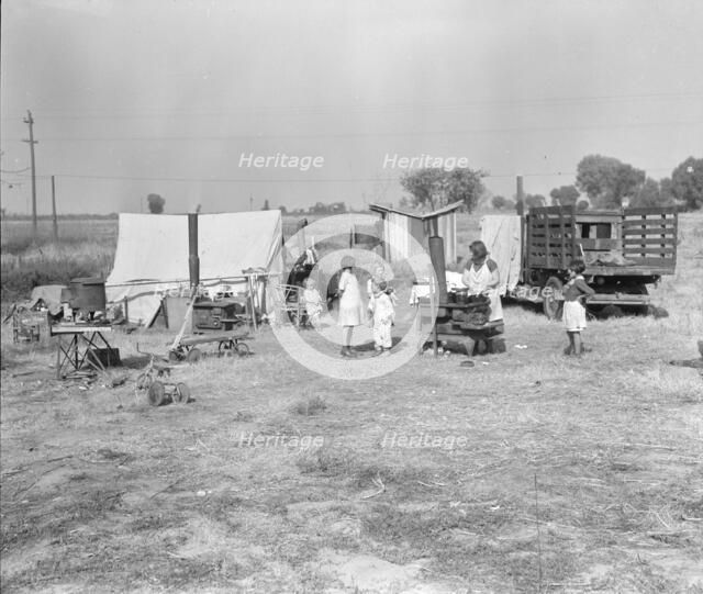 Wife and five children of migratory fruit worker, American River camp on...Sacramento, CA,1936. Creator: Dorothea Lange.