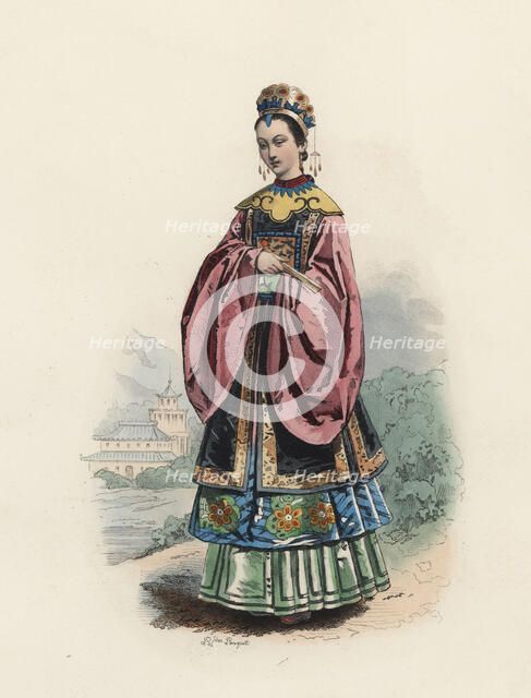 Wife of a Mandarin Chinese man, in the modern age, color engraving 1870.