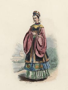 Wife of a Mandarin Chinese man, in the modern age, color engraving 1870