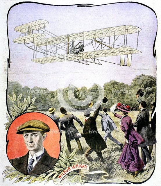 Wilbur Wright's first flight in Europe at the Hanaudieres racetrack near Le Mans, France, 1908. Artist: Unknown