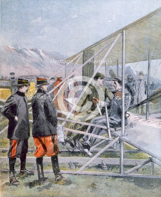 Wilbur Wright showing the King of Spain how is plane operates, from Petit Journal pub. March 1909 (c