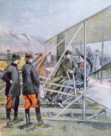 Wilbur Wright showing the King of Spain how is plane operates, from Petit Journal pub. March 1909 (c