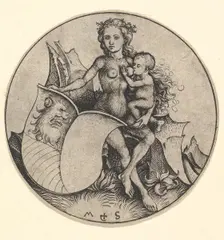 Wild Woman Holding a Shield with a Lion's Head, ca. 1435-1491. Creator: Martin Schongauer