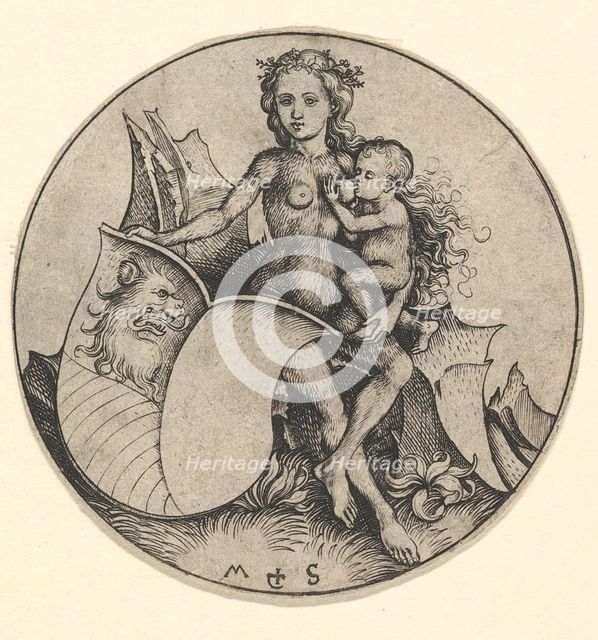 Wild Woman Holding a Shield with a Lion's Head, ca. 1435-1491. Creator: Martin Schongauer.
