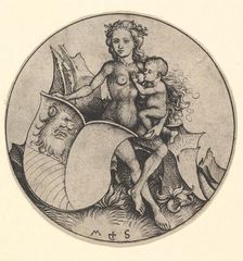 Wild Woman Holding a Shield with a Lion's Head, ca. 1435-1491. Creator: Martin Schongauer