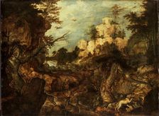 Wild boar hunt in a rocky landscape, 1620. Creator: Roelandt Savery