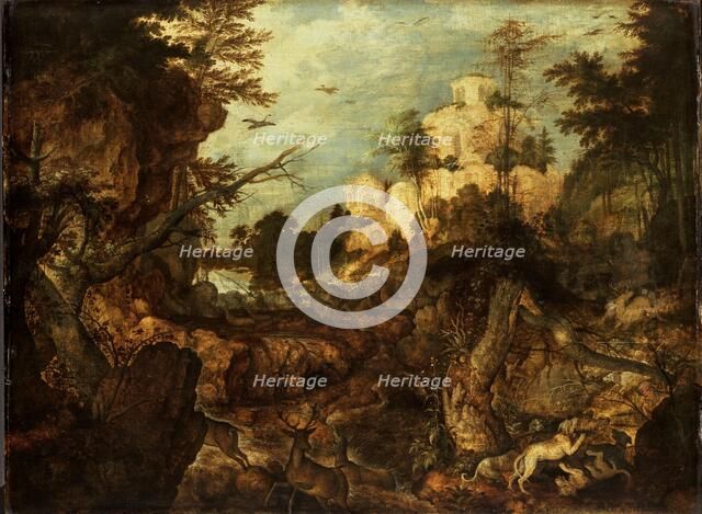 Wild boar hunt in a rocky landscape, 1620. Creator: Roelandt Savery.