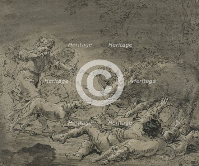 Wild boar hunting, c17th century. Creator: Leonard Bramer.