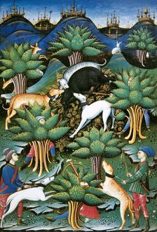 Wild boar hunting, miniature of a treatise on falconry and hunting, 1459. Creator: Unknown