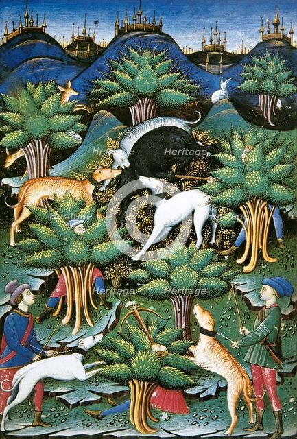 Wild boar hunting, miniature of a treatise on falconry and hunting, 1459.  Creator: Unknown.