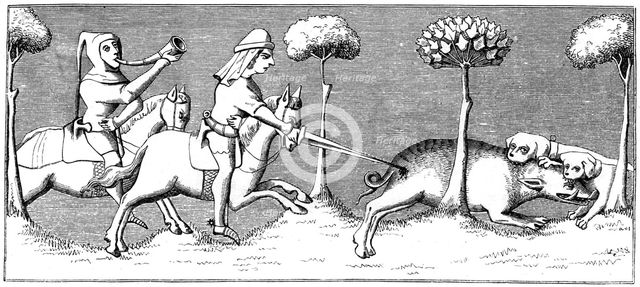 Wild boar hunting with dogs, 14th century (1849). Artist: Unknown