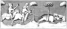 Wild boar hunting with dogs, 14th century (1849)