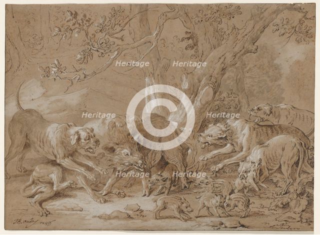 Wild Sow and Her Young Attacked by Dogs, 1748. Creator: Jean-Baptiste Oudry (French, 1686-1755).