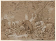 Wild Sow and Her Young Attacked by Dogs, 1748. Creator: Jean-Baptiste Oudry (French, 1686-1755)
