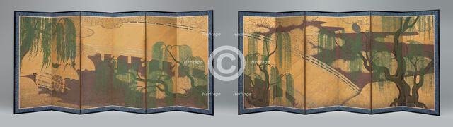 Willow Bridge and Waterwheel, c. 1650. Creator: Hasegawa Soya.