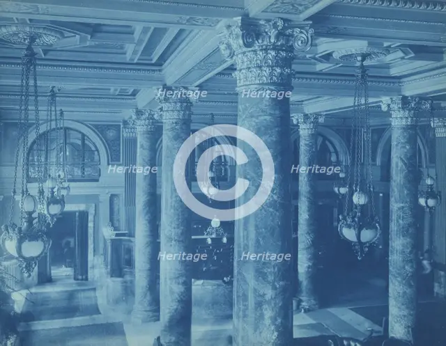 Willard Hotel, view of lobby ceiling, chandeliers and columns, between 1901 and 1910. Creator: Frances Benjamin Johnston.