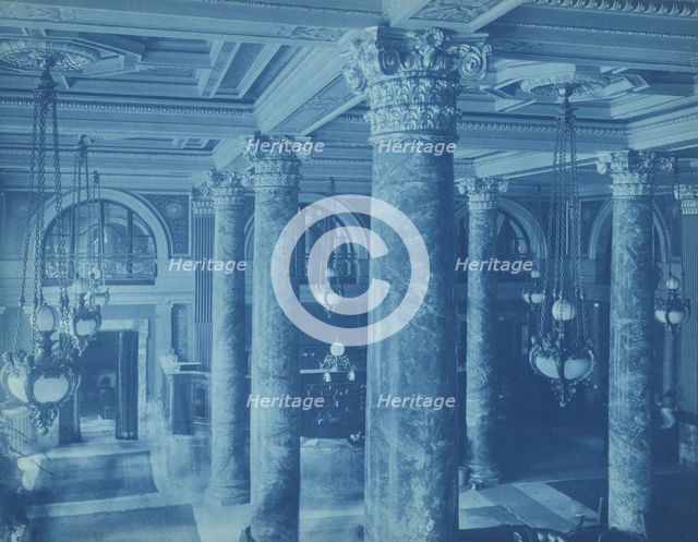 Willard Hotel, view of lobby ceiling, chandeliers and columns, between 1901 and 1910. Creator: Frances Benjamin Johnston.