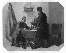 Willem Barents and Jacob van Heemskerk charting their route, 1596 (c1870). Artist: H Sluyter