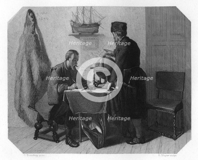 Willem Barents and Jacob van Heemskerk charting their route, 1596 (c1870). Artist: H Sluyter