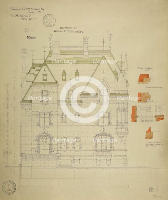 William Borden Residence, Chicago, Illinois, South Elevation, 1886. Creator: Richard Morris Hunt.