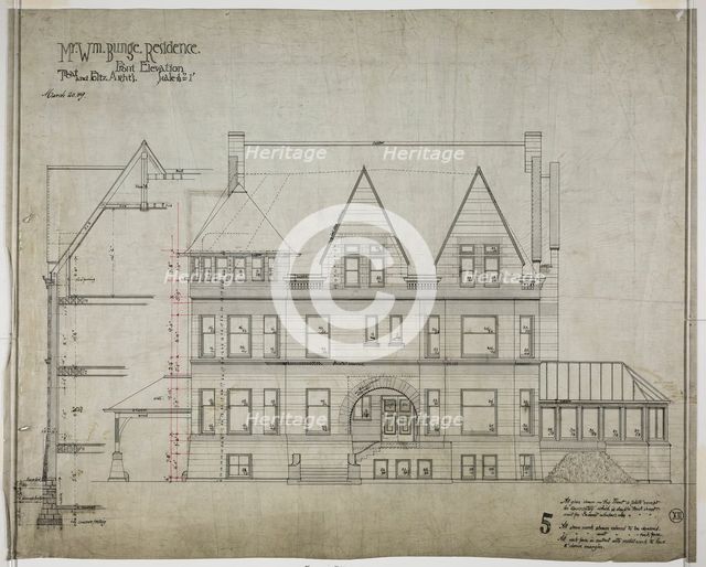 William Bunge House, Chicago, Illinois, Front Elevation, 1889/90. Creator: Treat & Foltz.