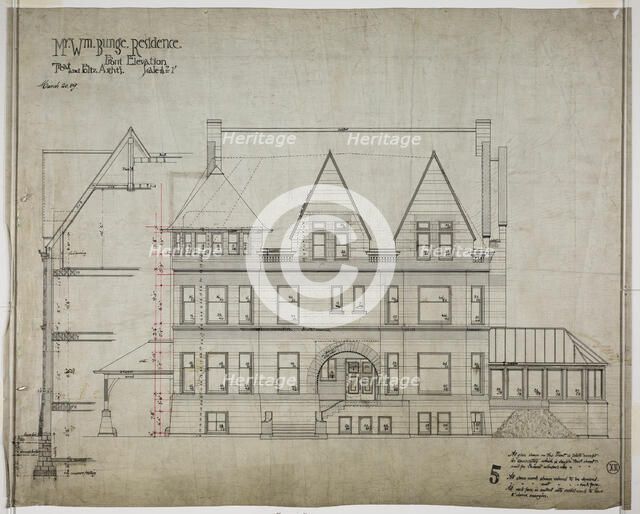 William Bunge House, Chicago, Illinois, Front Elevation, 1889/90. Creator: Treat & Foltz.