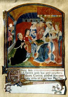 William Caxton, English printer, presenting a book to King Edward IV, 1477
