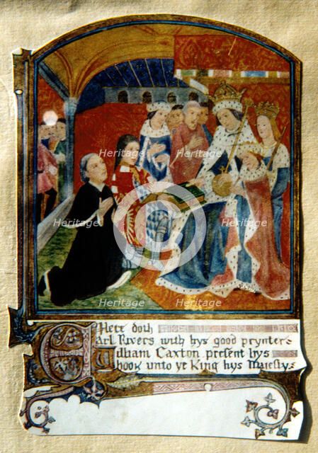 William Caxton, English printer, presenting a book to King Edward IV, 1477. Artist: Unknown
