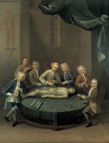 William Cheselden giving an anatomical demonstration to six spectators in the anatomy...1730s. Creator: Unknown
