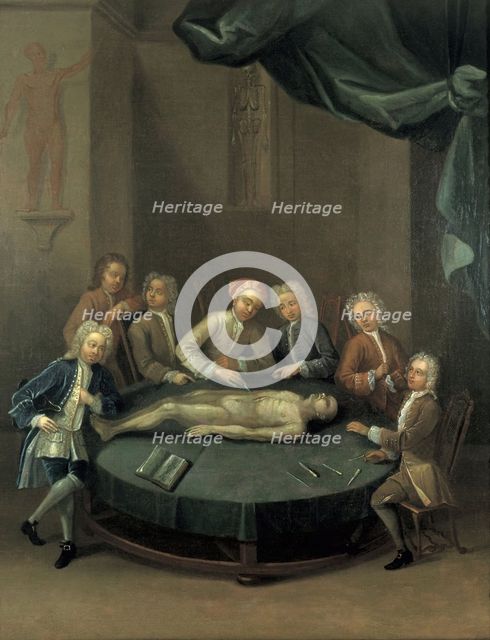William Cheselden giving an anatomical demonstration to six spectators in the anatomy...1730s. Creator: Unknown.