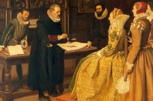 William Gilbert demonstrating the magnet before Queen Elizabeth, 1598, c1912. Creator: Ernest Board