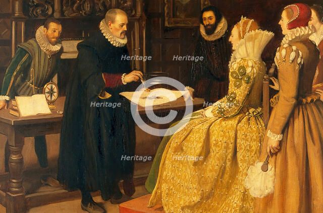 William Gilbert demonstrating the magnet before Queen Elizabeth, 1598, c1912. Creator: Ernest Board.
