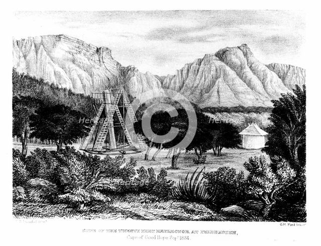 William Herschel's 20ft telescope erected at Feldhausen, Cape of Good Hope, 1834-1838 (1847).  Artist: G H Ford