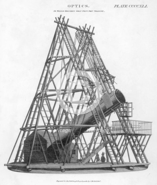 William Herschel's reflecting telescope of 40 ft (12 m) focal length, 1789 (1807). Creator: Unknown.