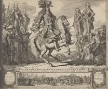 William III as Prince of Orange, with the four preceding Stadthouders, William I, Maurice,..., n.d.. Creator: Romeyn de Hooghe