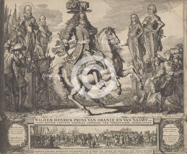 William III as Prince of Orange, with the four preceding Stadthouders, William I, Maurice,..., n.d.. Creator: Romeyn de Hooghe.