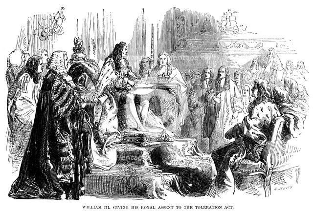 William III giving his royal assent to the Toleration Act. Artist: Unknown