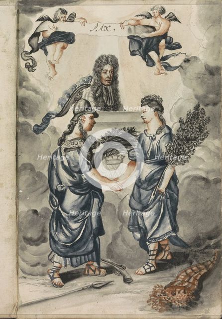 William III oversees the covenant between Wisdom and Peace, 1696.  Creator: Hendrick van Beaumont.