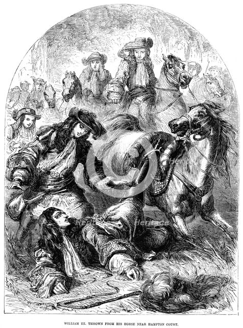William III thrown from his horse near Hampton Court. Artist: C Sheeres