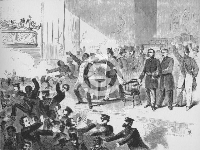 'William Lloyd Garrison trying to hold a John Brown anniversary meeting in Tremont Temple, Boston',  Artist: Unknown.