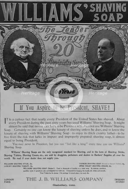 Williams' shaving soap: The leader through 20 administrations, 1901. Creator: Unknown.
