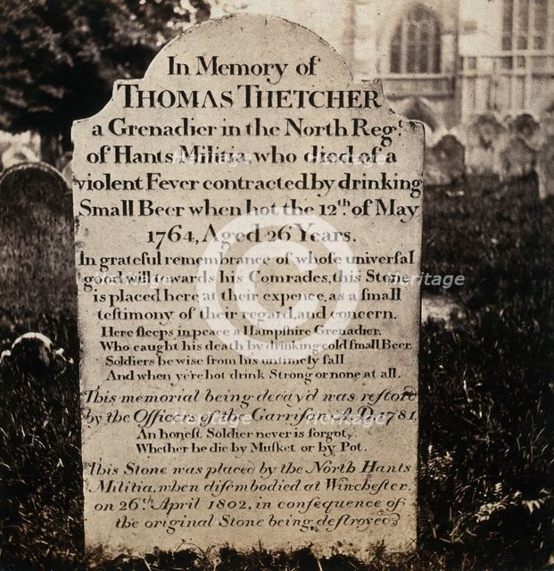 Winchester: tombstone of Thomas Thetcher, who "died of a violent fever contracted by..., 1800-1899. Creator: Unknown.