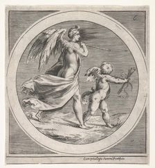 Winged female figure, draped and carrying a staff, striding behind a winged putto..., ca. 1550-1600. Creator: Unknown